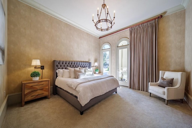 bedroom with light colored carpet, ornamental molding, and an inviting chandelier