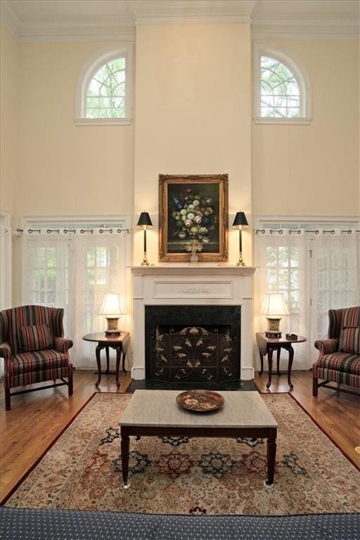 416 Mcdaniel St, Monroe, GA 30655 - living area featuring wood finished floors, a fireplace, crown molding, and a towering ceiling