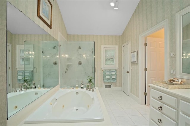416 Mcdaniel St, Monroe, GA 30655 - bathroom with wallpapered walls, a whirlpool tub, vanity, a marble finish shower, and tile patterned flooring