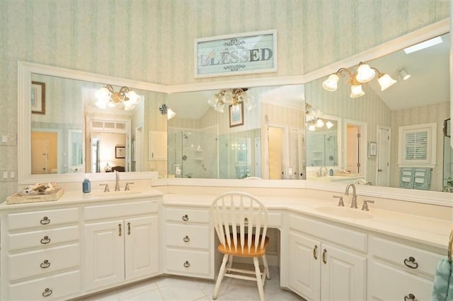 416 Mcdaniel St, Monroe, GA 30655 - bathroom featuring wallpapered walls, a chandelier, a stall shower, vanity, and tile patterned flooring