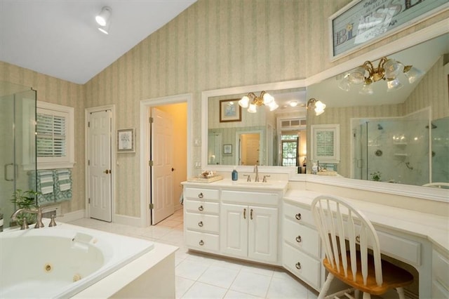 416 Mcdaniel St, Monroe, GA 30655 - bathroom with wallpapered walls, a chandelier, lofted ceiling, tile patterned flooring, and a stall shower