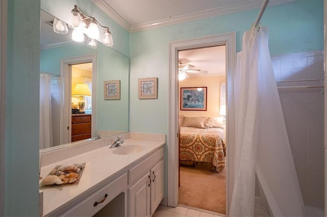 416 Mcdaniel St, Monroe, GA 30655 - bathroom with ensuite bathroom, vanity, crown molding, a tile shower, and a ceiling fan