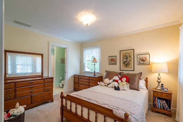 416 Mcdaniel St, Monroe, GA 30655 - bedroom with light carpet, crown molding, connected bathroom, and baseboards