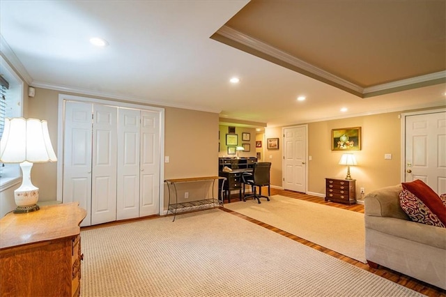 416 Mcdaniel St, Monroe, GA 30655 - living area with crown molding, a desk, light wood finished floors, recessed lighting, and baseboards