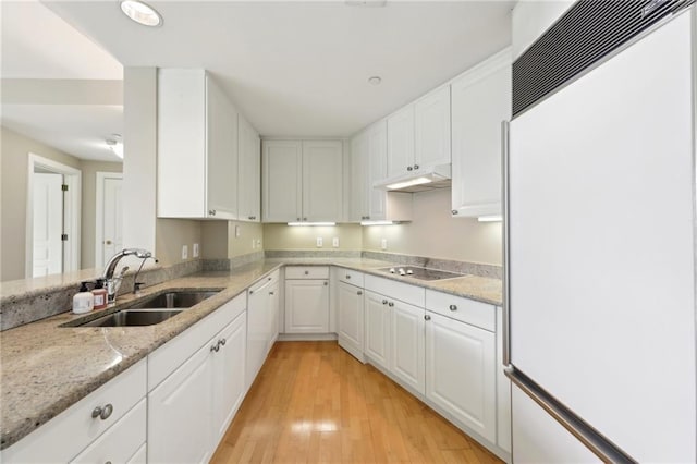 kitchen with built in refrigerator, a sink, white cabinets, under cabinet range hood, and light wood-type flooring