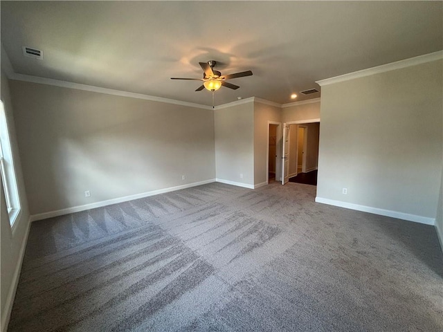 spare room with ceiling fan, baseboards, ornamental molding, dark carpet, and recessed lighting