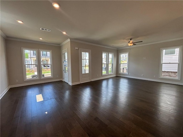 unfurnished living room with baseboards, ceiling fan, dark wood-style flooring, crown molding, and recessed lighting