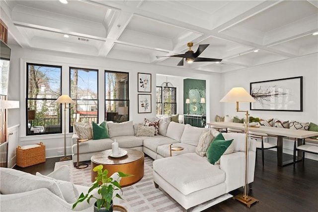 living room with dark wood-type flooring, beamed ceiling, coffered ceiling, and ceiling fan