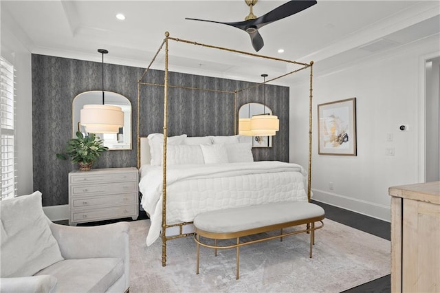 bedroom with baseboards, ornamental molding, recessed lighting, wood finished floors, and a ceiling fan