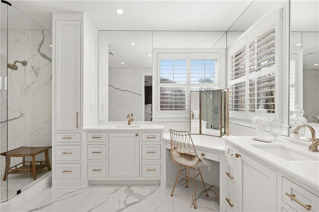 bathroom with a sink, a marble finish shower, marble finish floor, and recessed lighting