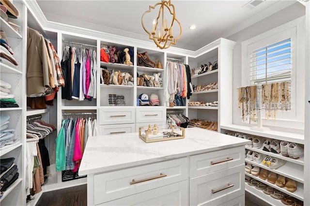 spacious closet featuring dark wood finished floors and visible vents