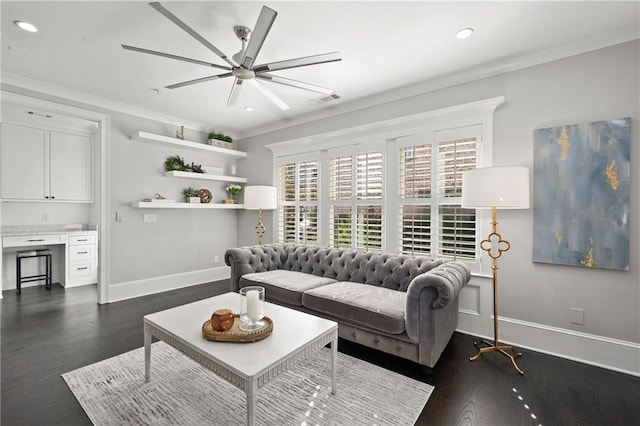 living room with visible vents, dark wood-type flooring, baseboards, ceiling fan, and ornamental molding