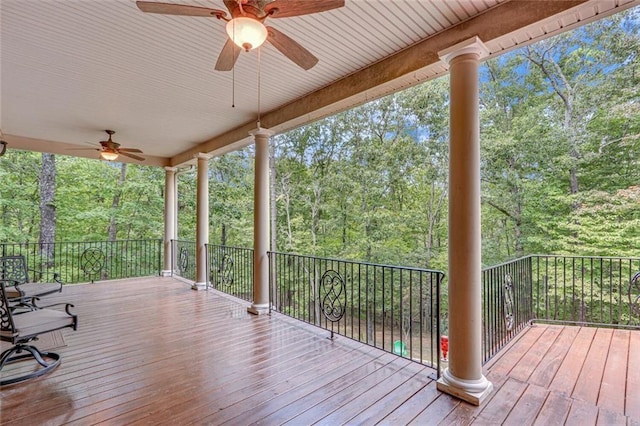 wooden terrace with ceiling fan