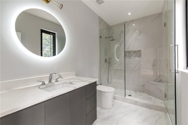 bathroom featuring vanity, a marble finish shower, recessed lighting, toilet, and marble finish floor