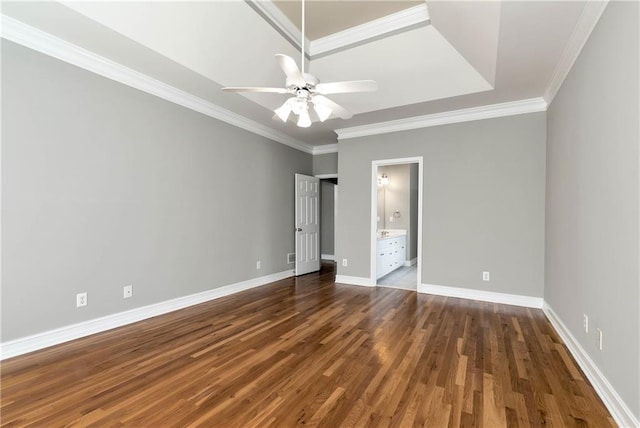 3885 Lake Juliette Dr, Buford, GA 30519 - unfurnished bedroom featuring wood finished floors, ornamental molding, baseboards, connected bathroom, and ceiling fan