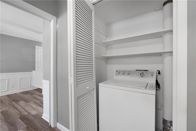 80 Montre Sq NW, Atlanta, GA 30327 - washroom with washer / clothes dryer, dark wood-style floors, wainscoting, and ornamental molding