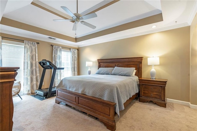 5396 Turnbill Pt NW, Acworth, GA 30101 - bedroom with a raised ceiling, light carpet, ornamental molding, recessed lighting, and a ceiling fan