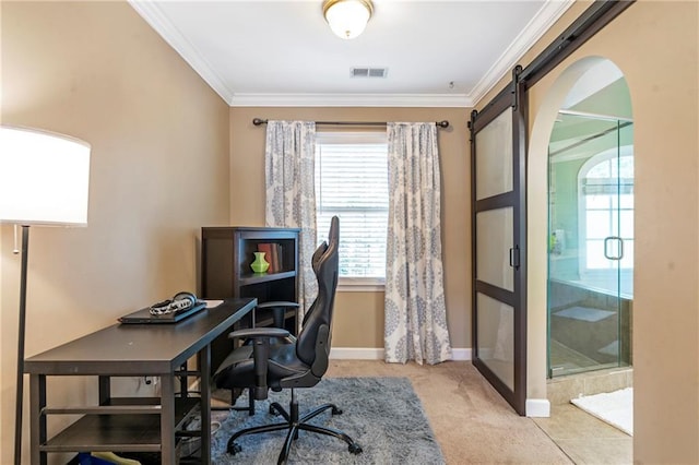 5396 Turnbill Pt NW, Acworth, GA 30101 - office space featuring arched walkways, ornamental molding, carpet flooring, and a barn door