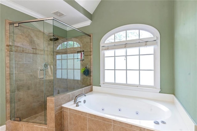 5396 Turnbill Pt NW, Acworth, GA 30101 - bathroom featuring a tub with jets, a shower stall, healthy amount of natural light, and ornamental molding