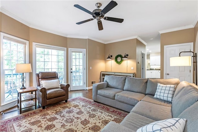 5396 Turnbill Pt NW, Acworth, GA 30101 - living area with wood finished floors, ornamental molding, and ceiling fan