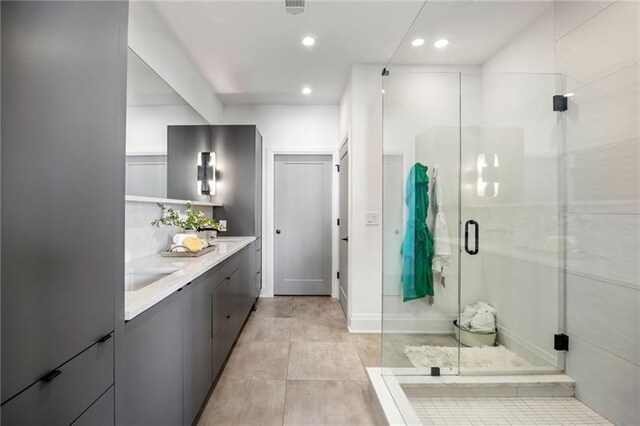 726 Edgewood Ave NE, Atlanta, GA 30307 - full bath featuring visible vents, recessed lighting, a shower stall, and double vanity
