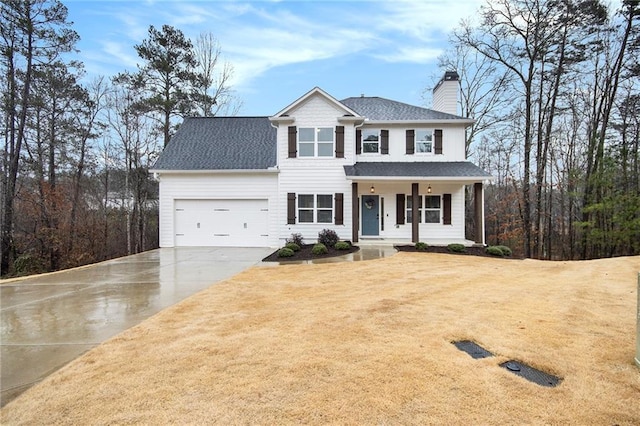 front facade featuring a garage, a front yard, and covered porch