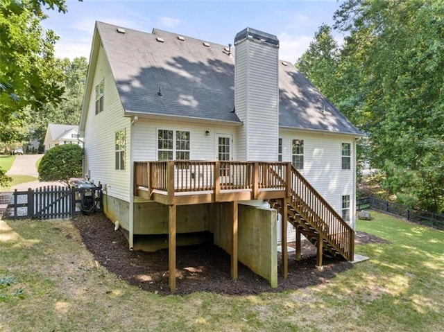 6985 Shane Ln, Cumming, GA 30028 - rear view of house featuring a deck, stairway, roof with shingles, and a chimney