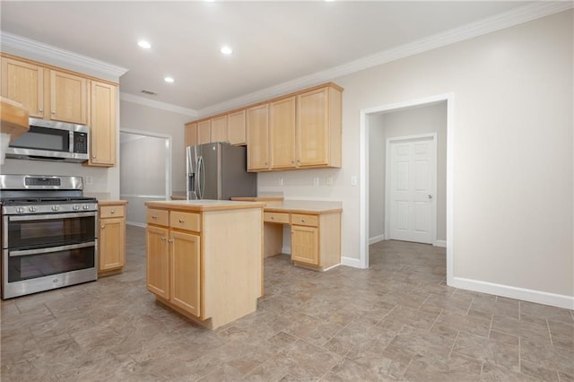 kitchen featuring stainless steel appliances, light countertops, light brown cabinets, and baseboards