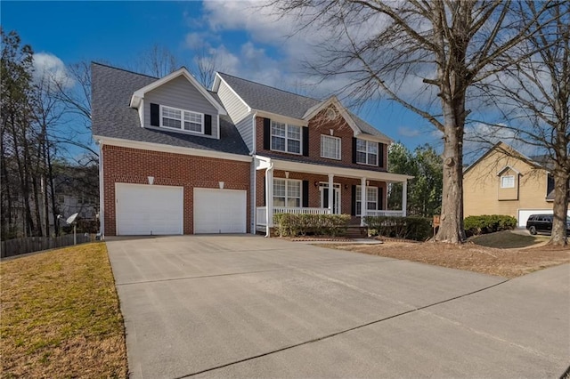 colonial house with covered porch, a garage, brick siding, a shingled roof, and concrete driveway