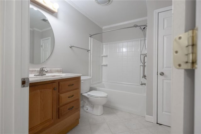 bathroom with ornamental molding, washtub / shower combination, vanity, and toilet