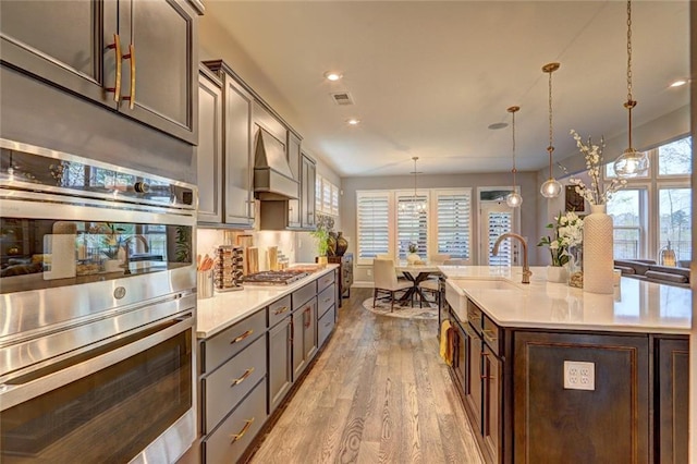 13 Clearwater Ct, Hoschton, GA 30548 - kitchen with custom range hood, light wood-style flooring, appliances with stainless steel finishes, light countertops, and a sink
