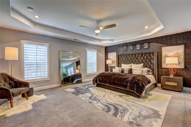 13 Clearwater Ct, Hoschton, GA 30548 - bedroom with carpet, baseboards, a tray ceiling, recessed lighting, and a ceiling fan
