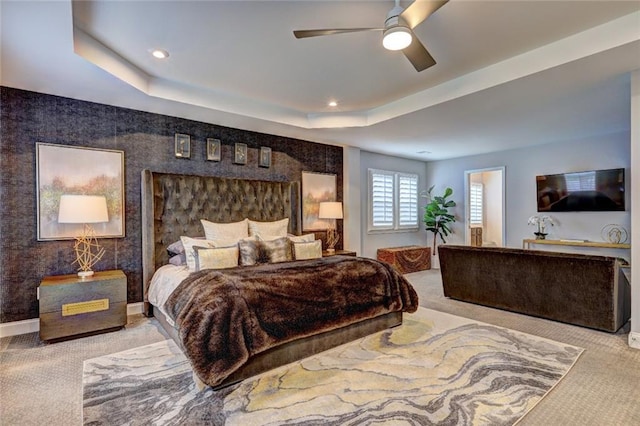 13 Clearwater Ct, Hoschton, GA 30548 - carpeted bedroom with a tray ceiling, recessed lighting, baseboards, and ceiling fan