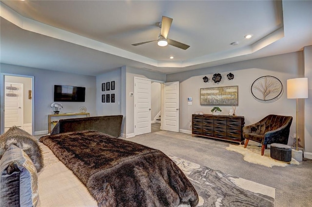 13 Clearwater Ct, Hoschton, GA 30548 - bedroom featuring a raised ceiling, baseboards, carpet, a ceiling fan, and recessed lighting