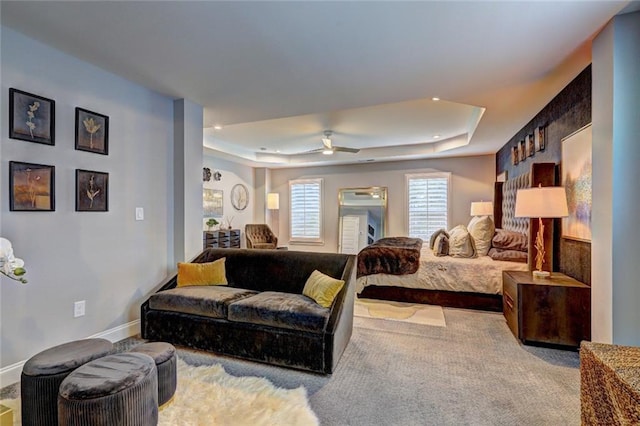 13 Clearwater Ct, Hoschton, GA 30548 - bedroom featuring a tray ceiling, carpet, baseboards, ceiling fan, and recessed lighting