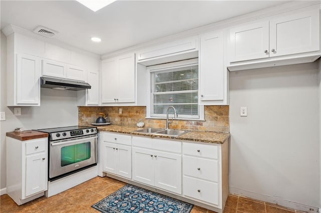 2858 Valley Ridge Dr, Decatur, GA 30032 - kitchen featuring a sink, stainless steel electric stove, under cabinet range hood, white cabinetry, and backsplash