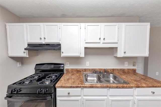 kitchen with black range with gas stovetop, under cabinet range hood, white cabinets, a textured ceiling, and a sink