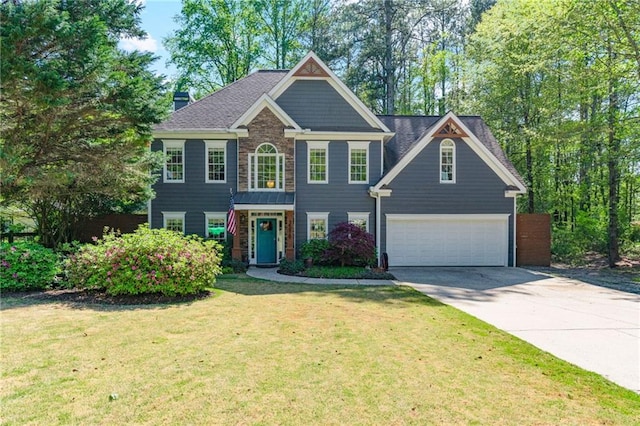3578 Hope Rd, Cumming, GA 30041 - colonial-style house with concrete driveway, roof with shingles, a front lawn, and an attached garage