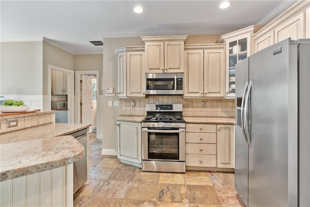 3578 Hope Rd, Cumming, GA 30041 - kitchen featuring crown molding, light stone countertops, visible vents, recessed lighting, and appliances with stainless steel finishes