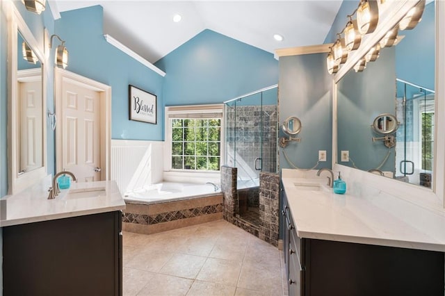 3578 Hope Rd, Cumming, GA 30041 - bathroom featuring a sink, tile patterned floors, a shower stall, and two vanities