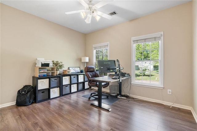 3578 Hope Rd, Cumming, GA 30041 - office area with visible vents, baseboards, ceiling fan, and wood finished floors