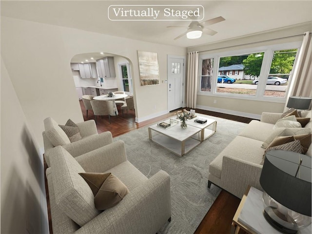 living room with ceiling fan and wood-type flooring