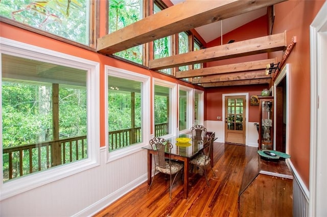 3187 Oak Grove Church Rd, Carrollton, GA 30117 - sunroom featuring wood finished floors, lofted ceiling, and a wooden deck