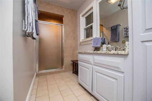 3187 Oak Grove Church Rd, Carrollton, GA 30117 - full bathroom featuring a shower stall, vanity, tile patterned floors, and baseboards