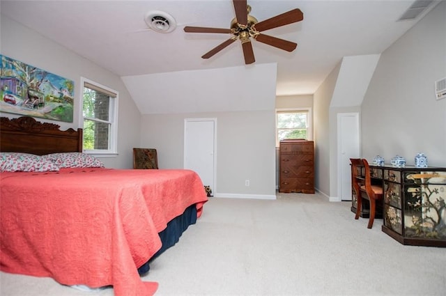 3187 Oak Grove Church Rd, Carrollton, GA 30117 - bedroom featuring carpet floors, multiple windows, vaulted ceiling, baseboards, and a ceiling fan