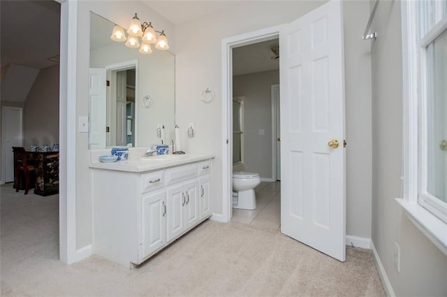 3187 Oak Grove Church Rd, Carrollton, GA 30117 - full bath featuring vanity, toilet, a chandelier, a shower, and baseboards