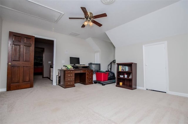 3187 Oak Grove Church Rd, Carrollton, GA 30117 - office space with attic access, light colored carpet, a ceiling fan, baseboards, and lofted ceiling