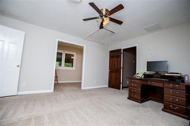3187 Oak Grove Church Rd, Carrollton, GA 30117 - office area featuring attic access, a ceiling fan, light colored carpet, and baseboards