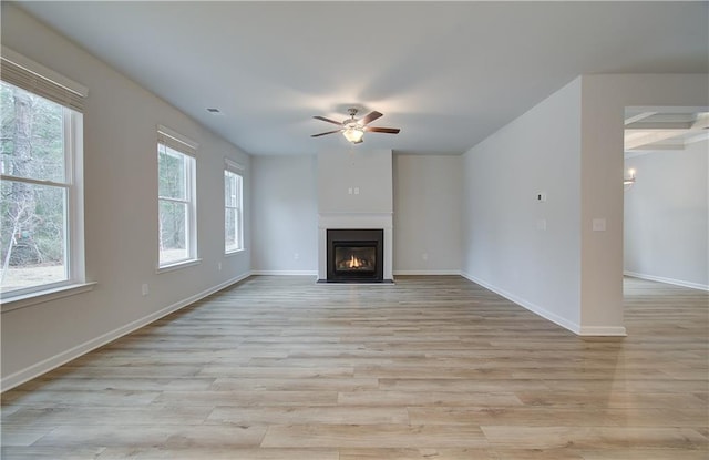 unfurnished living room featuring a fireplace with flush hearth, baseboards, visible vents, light wood-style floors, and ceiling fan