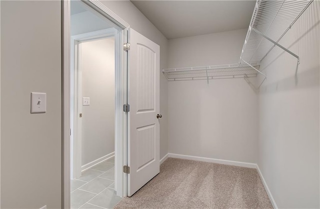 spacious closet featuring light colored carpet